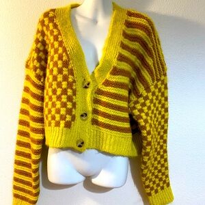 Zara jacquard mixed pattern stripes and checkers V neck cropped cardigan sweater